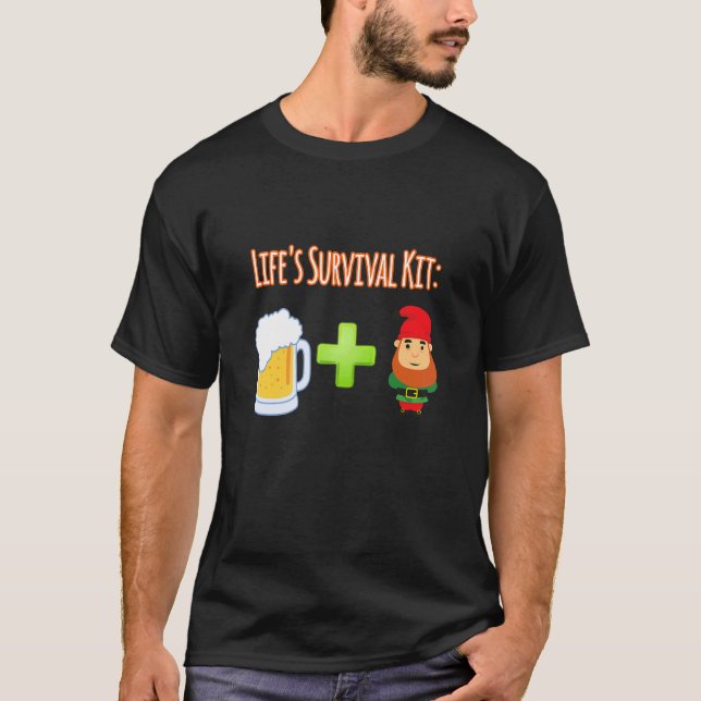 Camiseta Design do Kit de Sobrevivência da Vida e Gnomos (Frente)