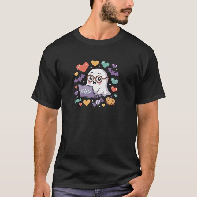 Camiseta Design do Programador Ghost Spooky com Laptop de c (Frente)