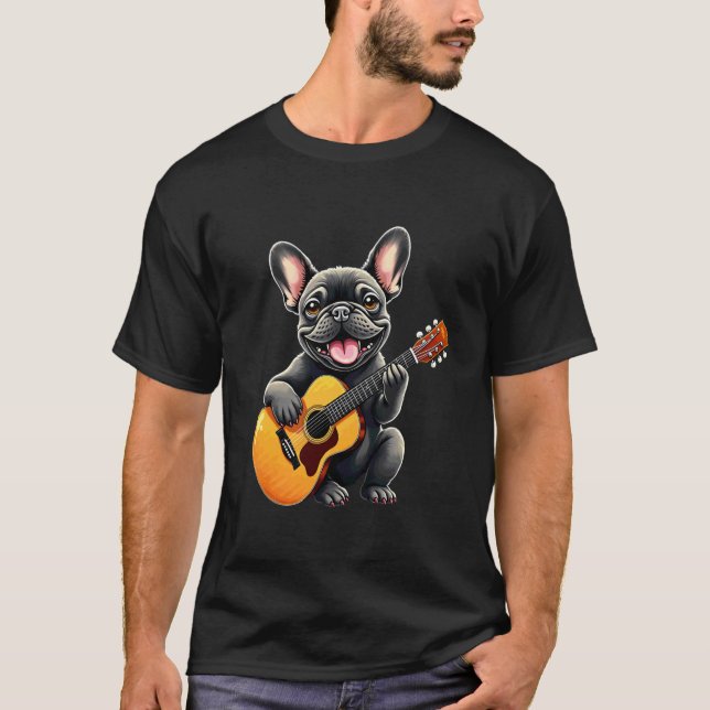 Camiseta Design engraçado de Bulldog Francês tocando violão (Frente)