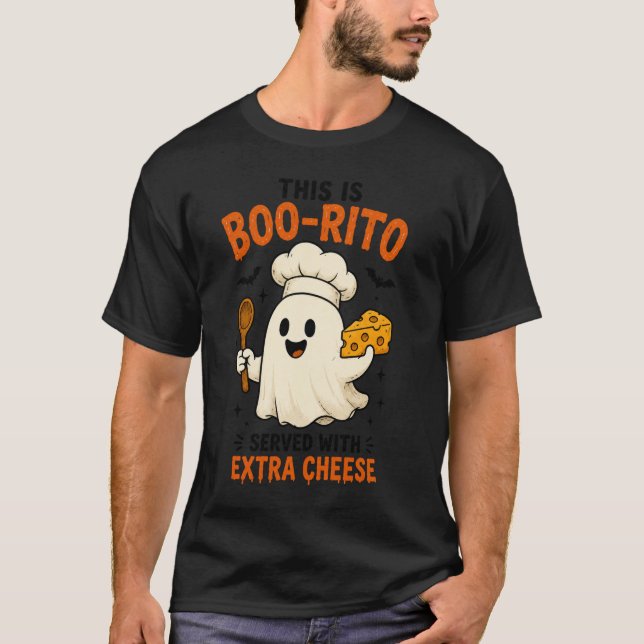 Camiseta Design 'Este É Boo-Rito Servido com Queijo Extra' (Frente)