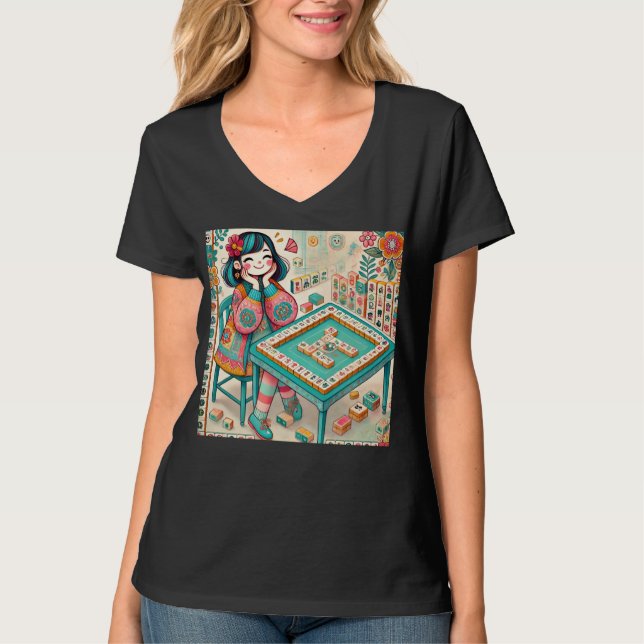 Camiseta Design Funny Mahjong Para Mulheres Raparigas Mahjo (Frente)