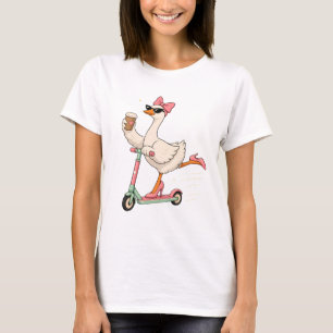 Camiseta Design Gráfico de Ganso Fofo com Scooter de Café