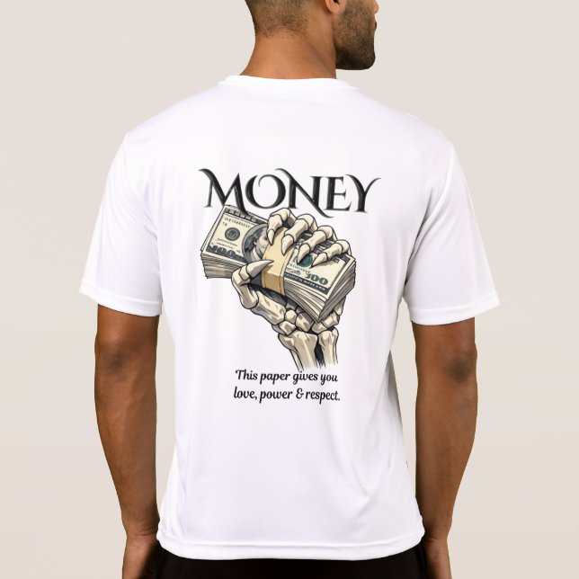 Camiseta Design Gráfico de Mão de Esqueleto Segurando Dinhe (Verso)