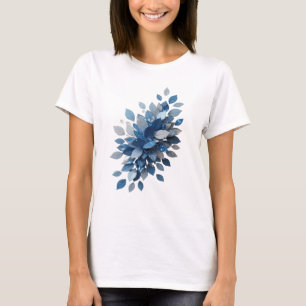 Camiseta Design Moderno de Folhas Azuis em Prata