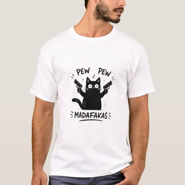 Camiseta Design Pew Pew de Gato Preto Engraçado (Frente)