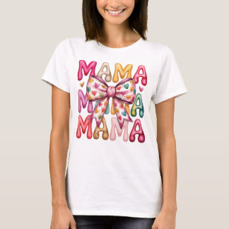 Camiseta Design Retro com Coração e Laço da Mamãe Empilhado