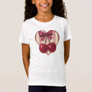 Camiseta Design Retro de Cerejas com Coração e Laço Fofo Vi