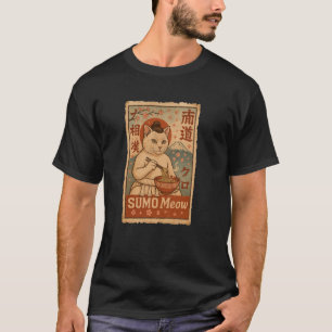 Camiseta Design Retro Japonês Sumo Meow Gato Sorvendo Ramen