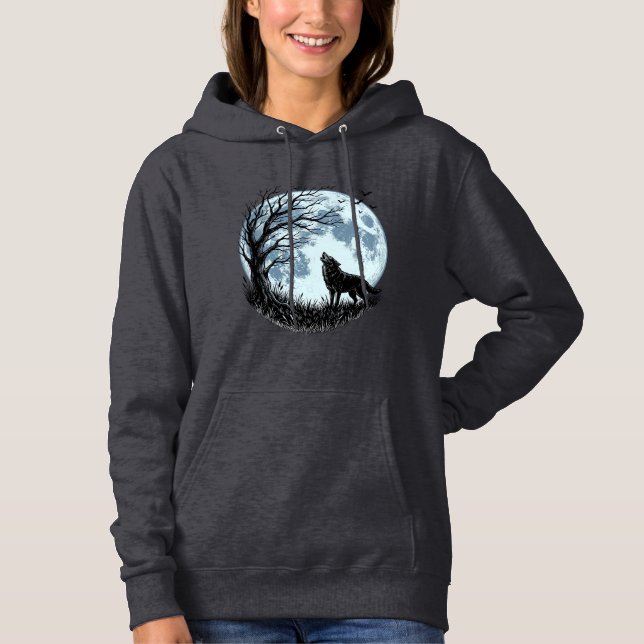 Camiseta Design Silhueta da Árvore da Lua Uivando Lobo Vint (Frente)