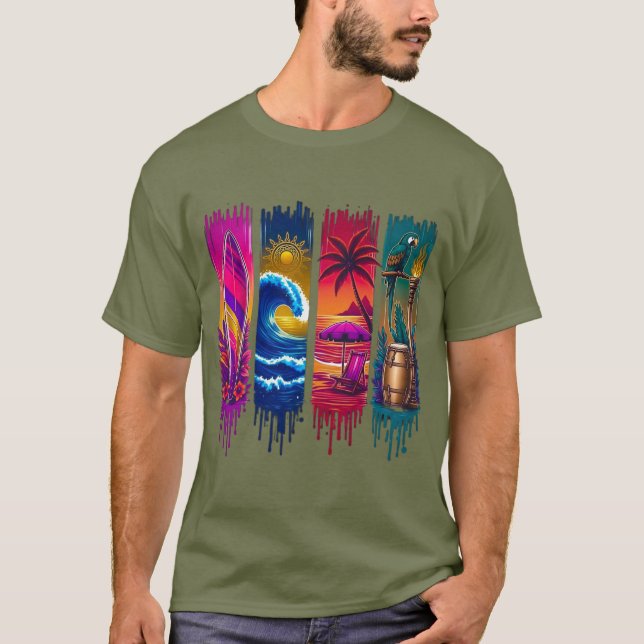Camiseta Design Surf et Plage Éléments Tropicaux Effet Coul (Frente)