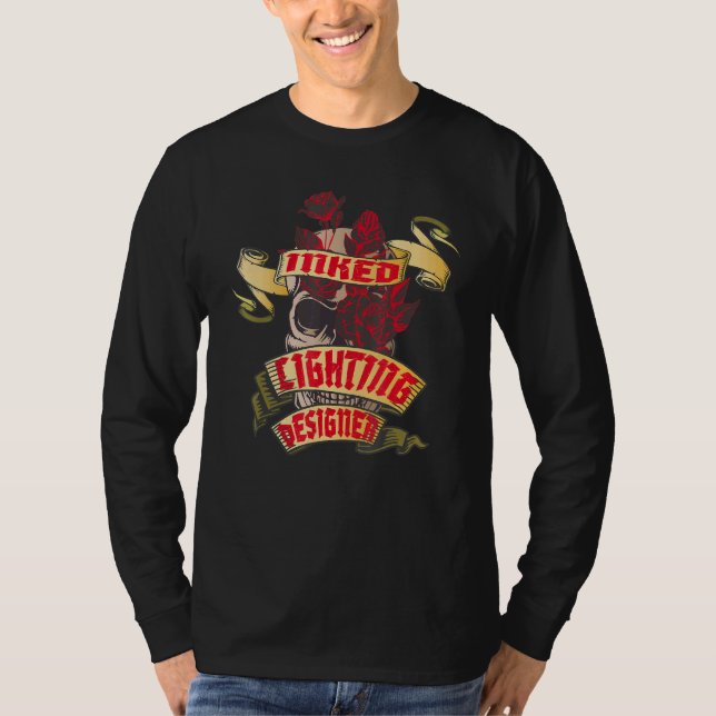 Camiseta Designer de Iluminação Tatuagem de Caveira e Rosas (Frente)