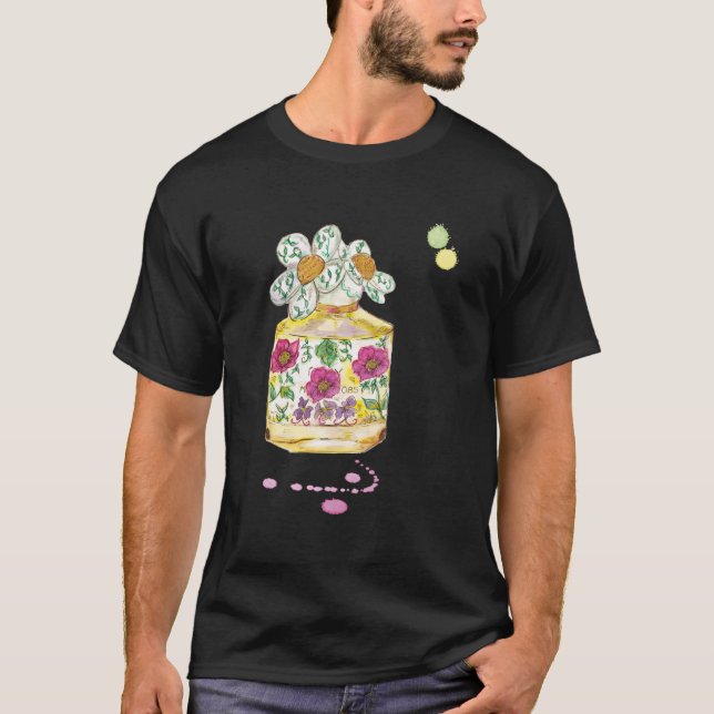 Camiseta Designer Floral Daisy Perfume Bottle Ilustração (Frente)