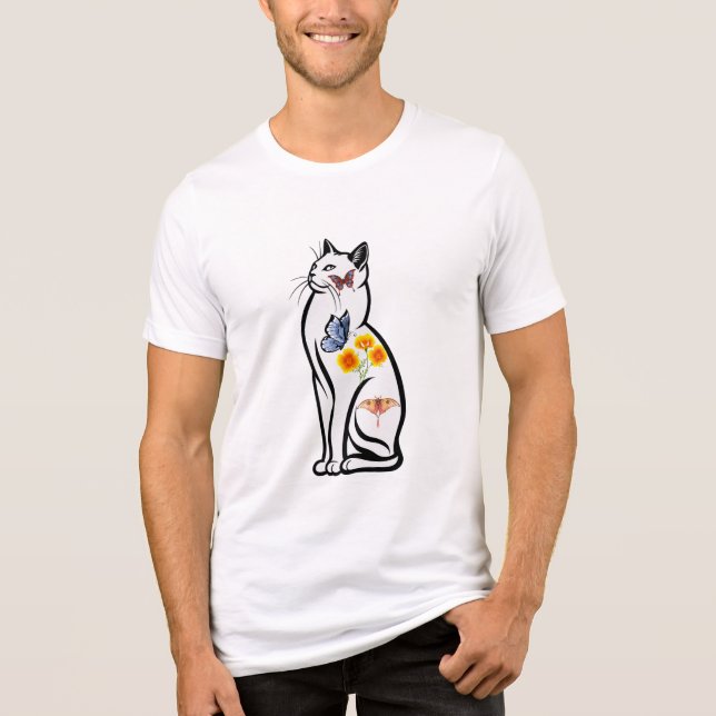 Camiseta Destaque de Gato Elegante com Borboletas e Flor (Frente)