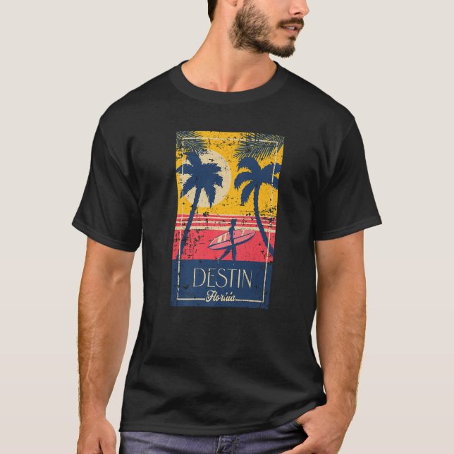 Camiseta Destin Florida Retro Surfer Beach Sunset Distresse (Frente)
