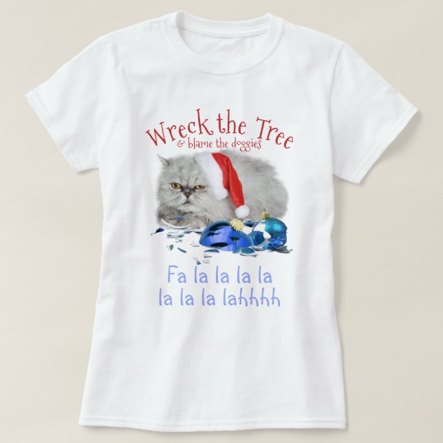 Camiseta Destrua o gato molhado de árvores antes do Natal (Frente do Design)