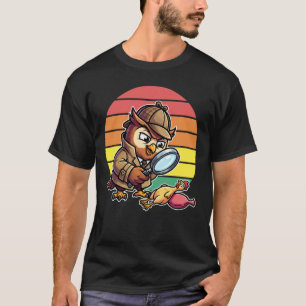 Camiseta Detetive Coruja Sábia Investiga Mistério de Frango