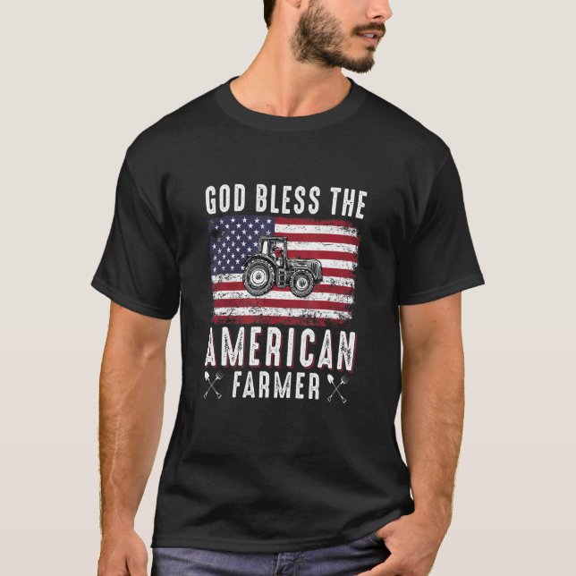 Camiseta Deus abençoe Da Bandeira Do Trator Agricultor Amer (Frente)