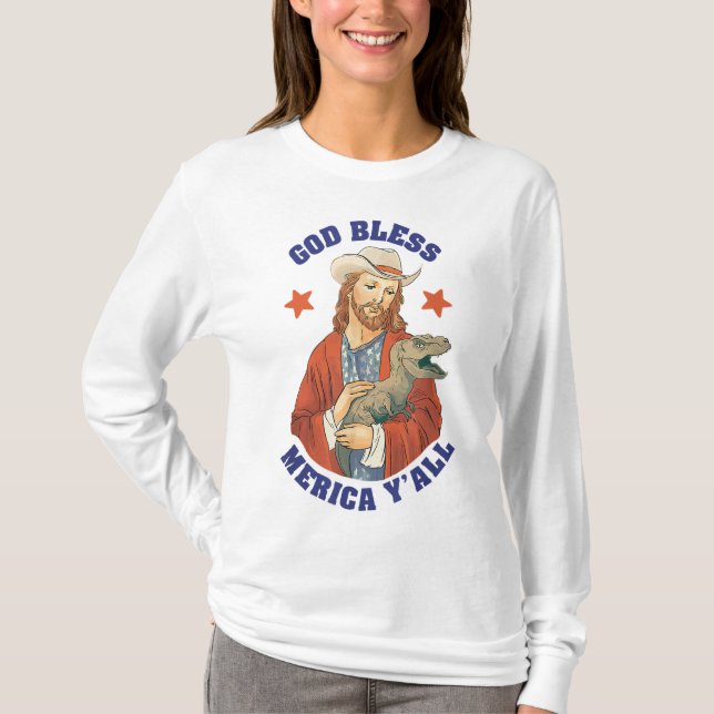 Camiseta Deus abençoe Merica Y Jesus Dinossaur Cowboy Hat (Frente)