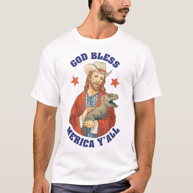 Camiseta Deus abençoe Merica Y Jesus Dinossaur Cowboy Hat (Frente)
