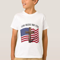 DEUS ABENÇOE OS EUA com cruz robusta e bandeira do
