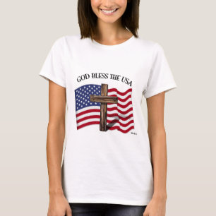 Camiseta DEUS ABENÇOE OS EUA com cruz rústica e bandeira do
