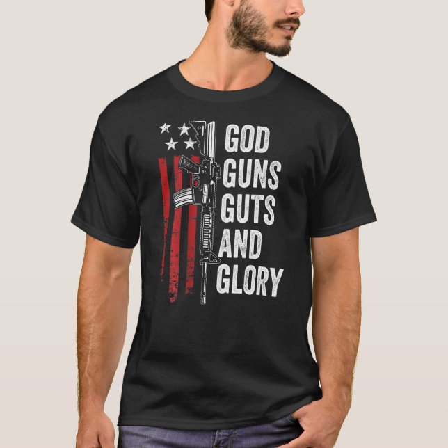 Camiseta Deus Armas Glória Patriótica Eua Flag Pro Gun (Frente)