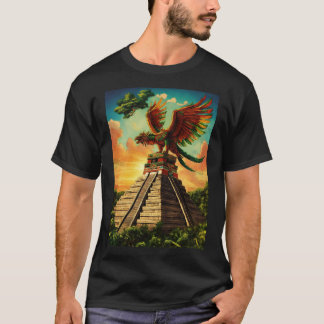 Camiseta Deus asteca Quetzalcoatl voando sobre a pirâmide, 