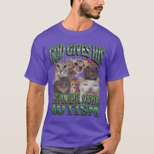 Camiseta Deus Dá Seu Mais Poderoso Autismo Meme de Gato Eng