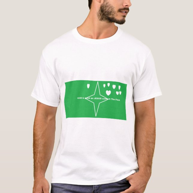 Camiseta DEUS é bom como JESUS veio na Carne com corações (Frente)