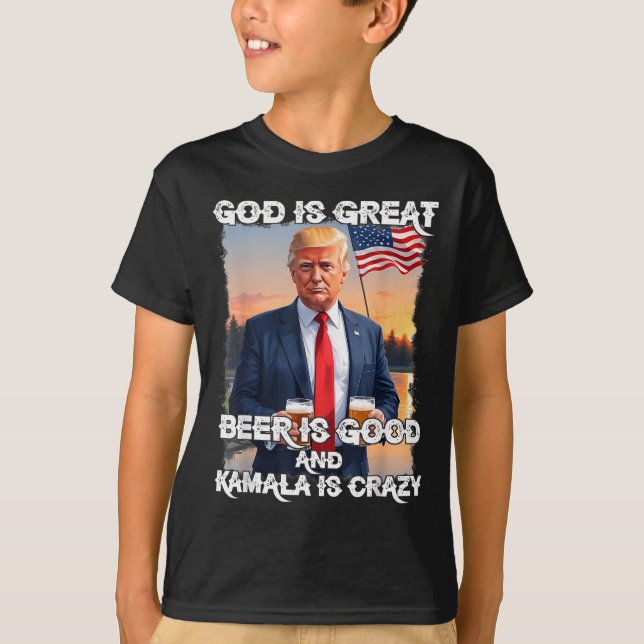 Camiseta Deus É Cerveja Excelente É Boa E Kamala É Louca (Frente)
