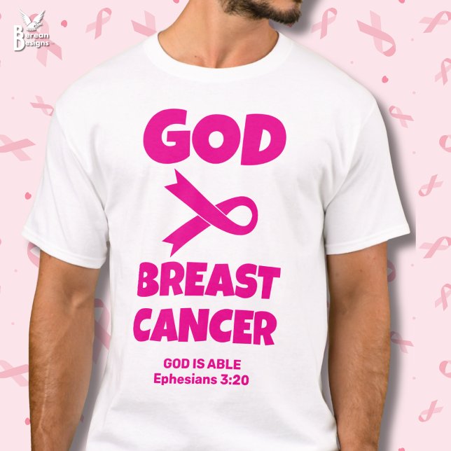 Camiseta DEUS É MAIOR DO QUE O CANCER-ALMA Christian (GOD IS BIGGER THAN BREAST CANCER Christian tee with customizable Bible verse. Pink ribbon math sign.)