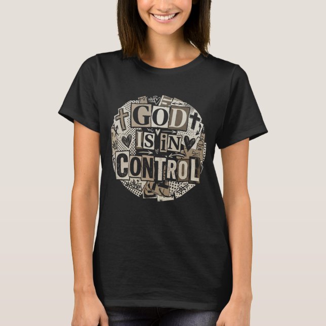 Camiseta Deus Está no Controle Design de Colagem de Revista (Frente)