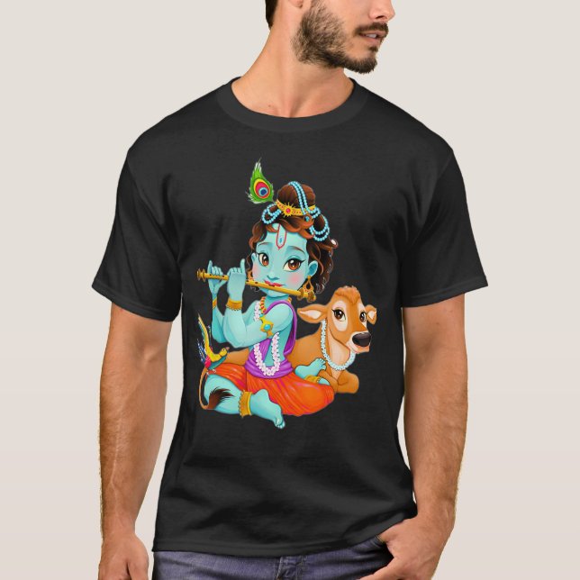 Camiseta Deus hindu Shri Krishna com uma vaca e um pássaro (Frente)