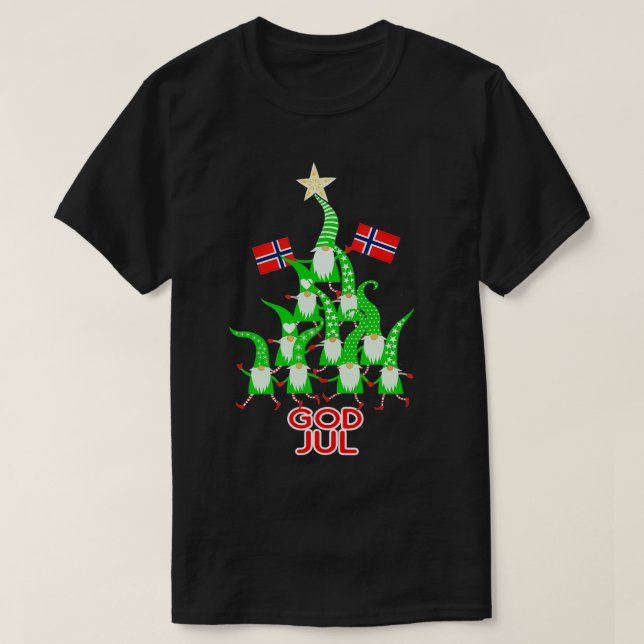Camiseta Deus Jul Nórdico Gnomos Árvore de Natal Norueguesa (Frente do Design)