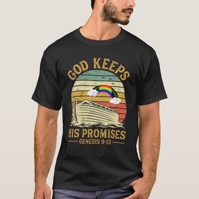 Camiseta Deus Mantém Suas Promessas Rainbow Noah Ark Jesus  (Frente)