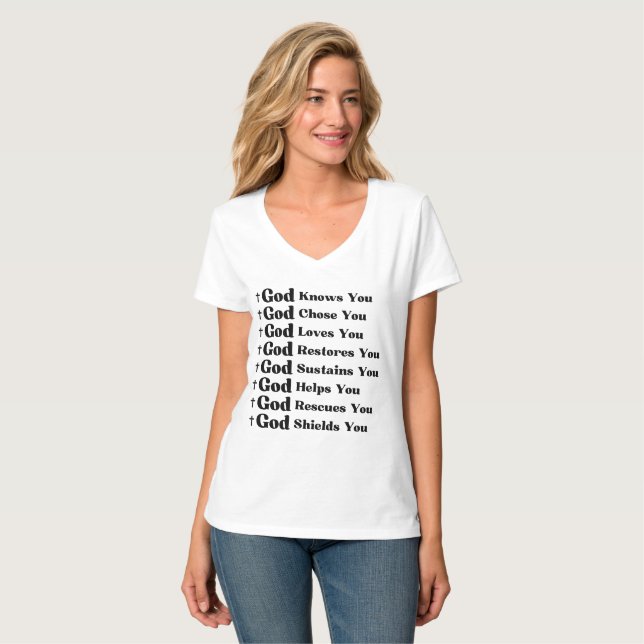 Camiseta Deus O Conhece, Te Ama, Restaura E Resgate (Frente Completa)