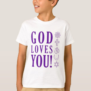 Camiseta DEUS TE AMA + Símbolos das Religiões do Mundo