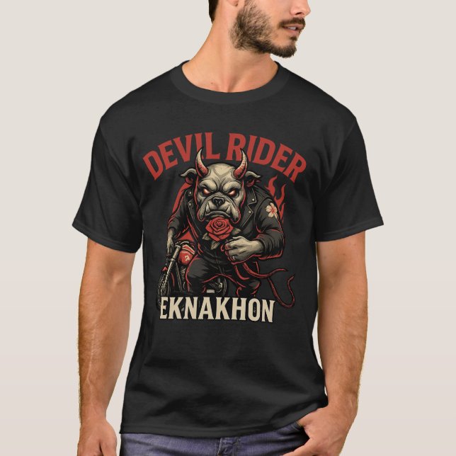Camiseta Devil Rider – Demon Bulldog Biker Tee by EKNAKHON (Frente)