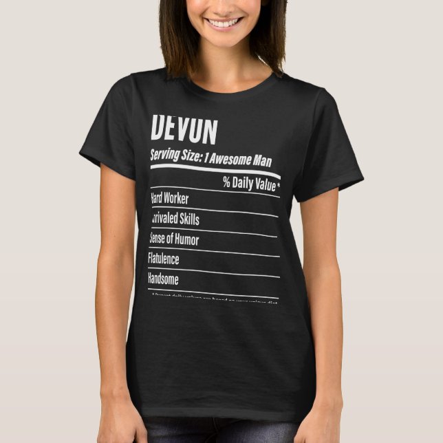Camiseta Devon Nutritional Facts Servindo Calorias De Taman (Frente)