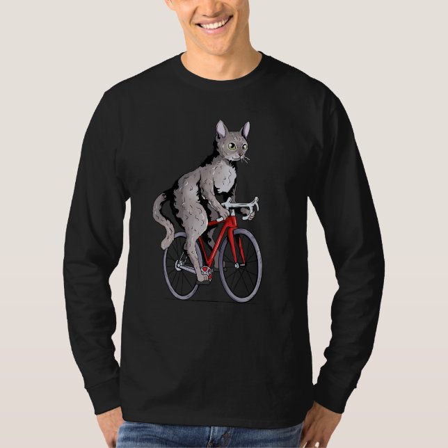 Camiseta Devon Rex Cat Riding Bicycle Cute Biker Cyclist (Frente)