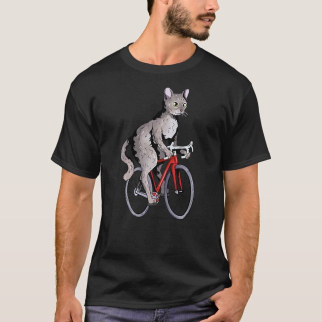 Camiseta Devon Rex Cat Riding Bicycle Cute Biker Cyclist (Frente)