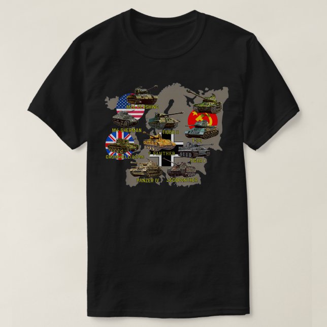 Camiseta Dez Melhores Tanques WW2 M4 Sherman Panzer IV Tigr (Frente do Design)