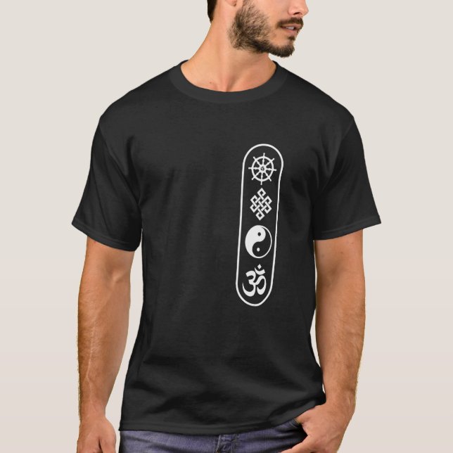 Camiseta Dharmachakra Wheel Om Sinal Yin Yang Sem Fim (Frente)