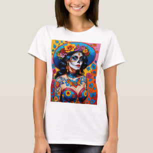 Camiseta Dia Colorido do Teto de Arte do Crânio do Açúcar M