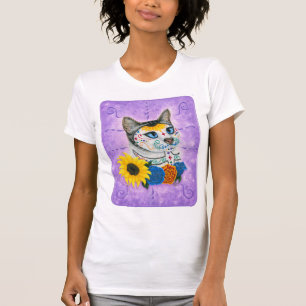 Camiseta Dia da arte inoperante do gato do crânio do açú