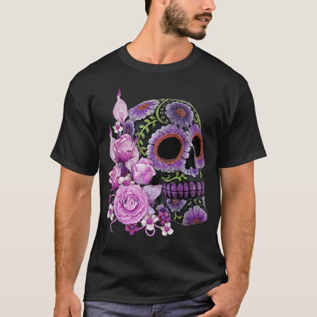 Camiseta Dia da Morte - Pano De Açúcar Preto, Floral, Rosa (Frente)