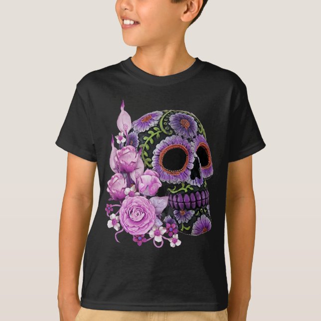 Camiseta Dia da Morte - Pano De Açúcar Preto, Floral, Rosa (Frente)