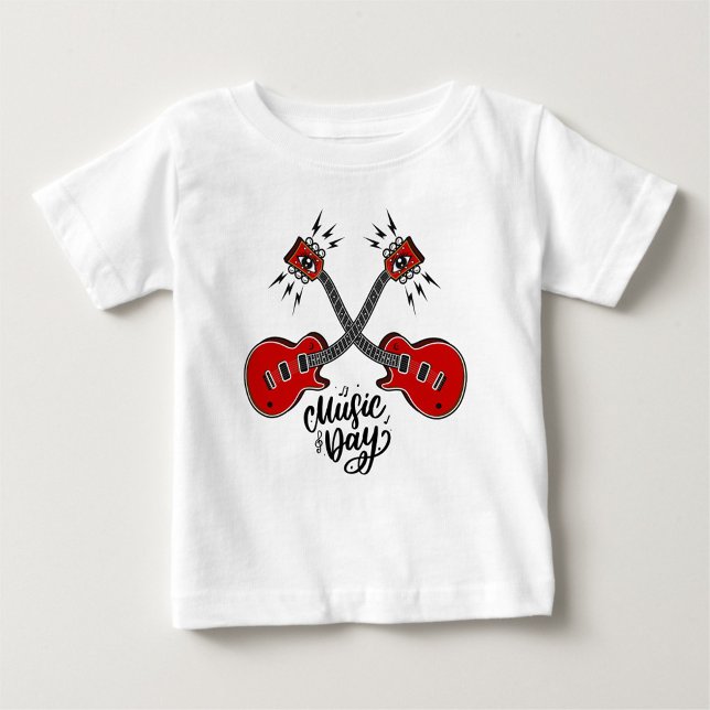Camiseta Dia da Música ( A playful white t-shirt featuring two red guitars.)