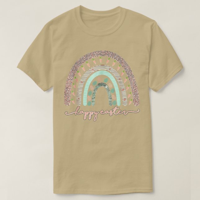 Camiseta Dia da páscoa Arco-íris com ovos e coelho da Pásco (Frente do Design)