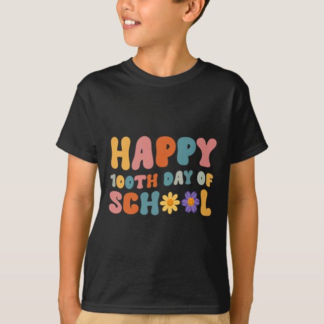 Camiseta Dia Da Professora Retro Groovy Feliz 100 Dias (Frente)